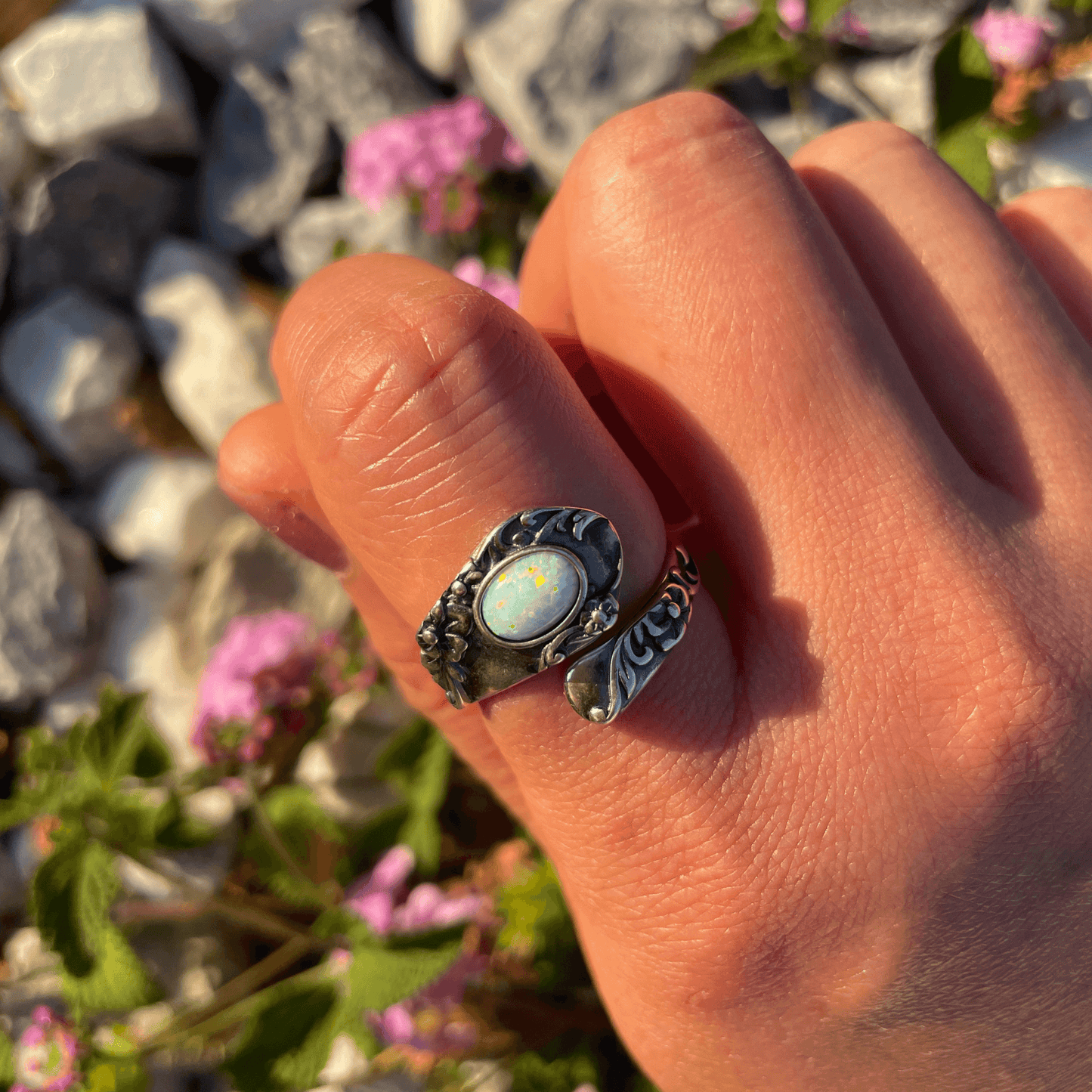 Spoon Ring with Opal in Silver, Boho Ring, Opal Ring, Spoon Ring, Opal Spoon Ring, Adjustable Spoon Ring, Opal Silver Spoon Ring