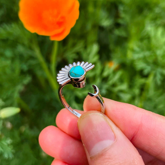 I Love You Ring Silver, Sun and Moon Spinner Ring in Silver, Spinner Ring, Anxiety Ring, Sunbeam Ring, Turquoise Fidget Ring, Gift for Mom,